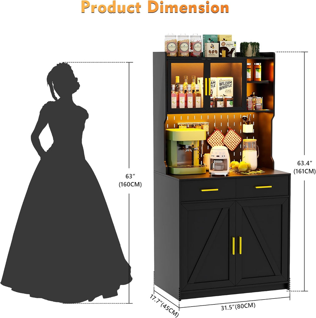 Gurexl 64' Farmhouse Kitchen Pantry with Auto Sensor LED,Storage Cabinets with 2 Outlets for Microwave & USB-C Ports,Hutch Cabinet with Pegboard,2 Cabinet,2 Drawers,1 Large Countertop