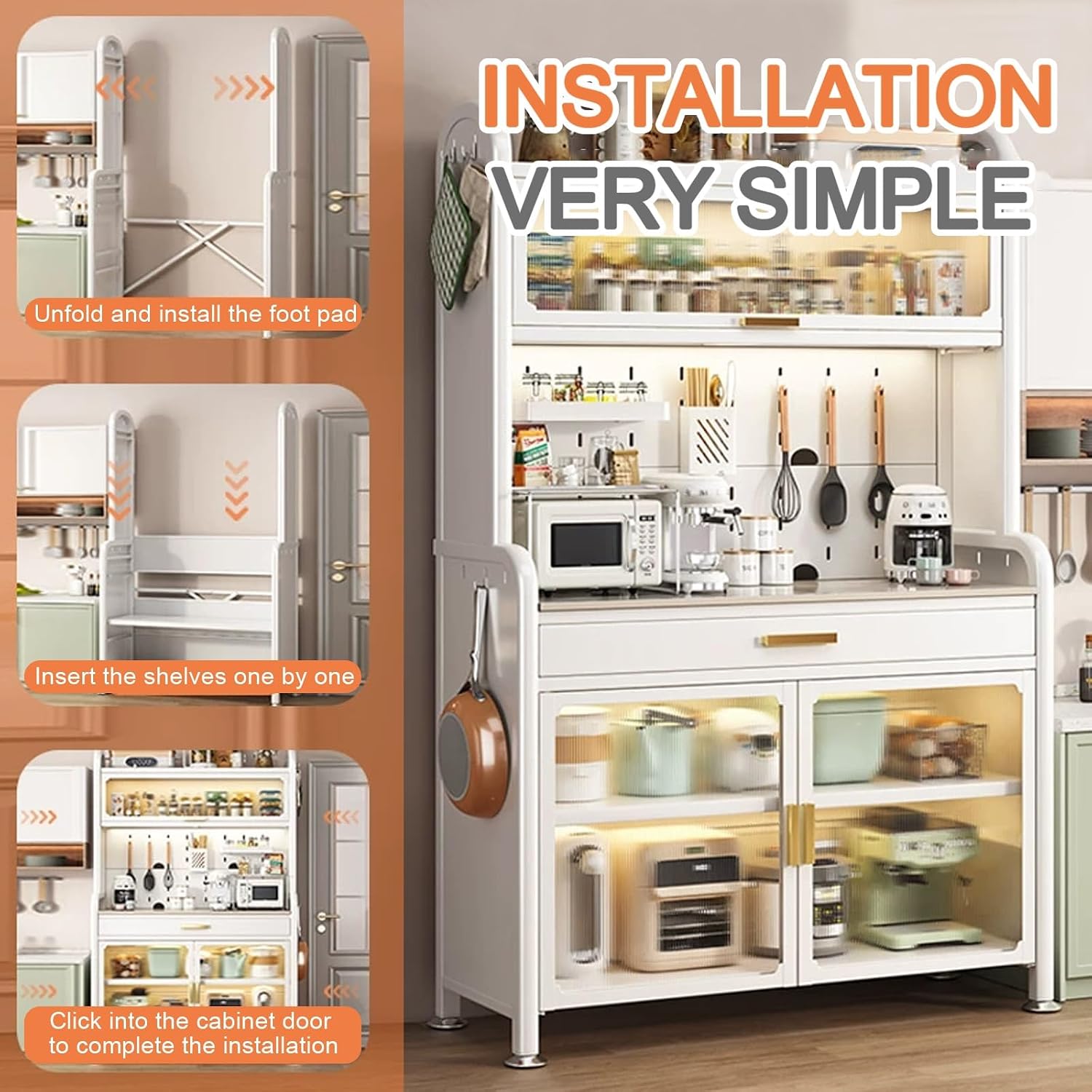 5-Tier Kitchen Bakers Rack with Drawers, Microwave Oven Stand with Storage Shelves, with Hooks*8, Storage Box*1, Chopstick Box*1(60cm)