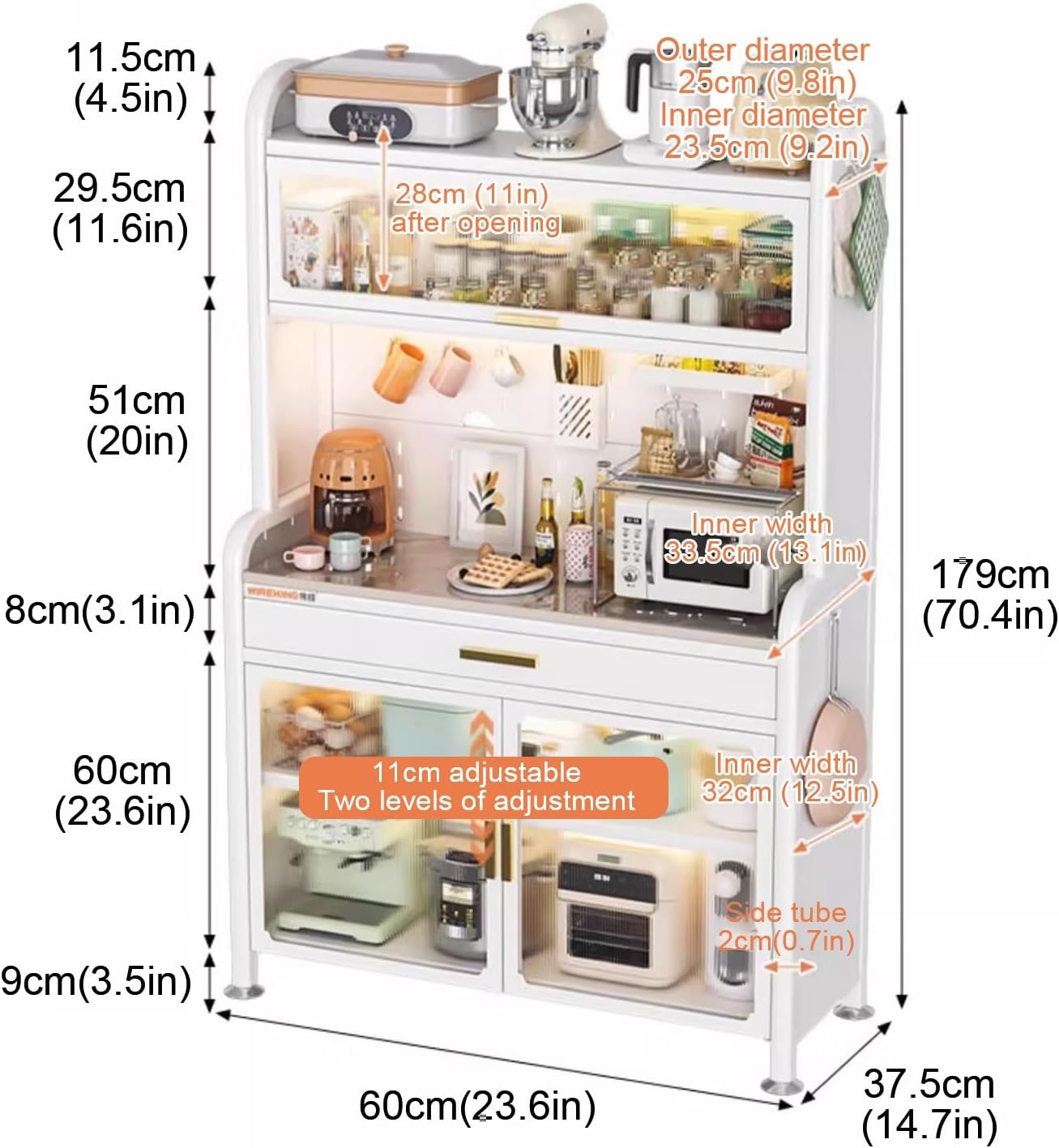 5-Tier Kitchen Bakers Rack with Drawers, Microwave Oven Stand with Storage Shelves, with Hooks*8, Storage Box*1, Chopstick Box*1(60cm)