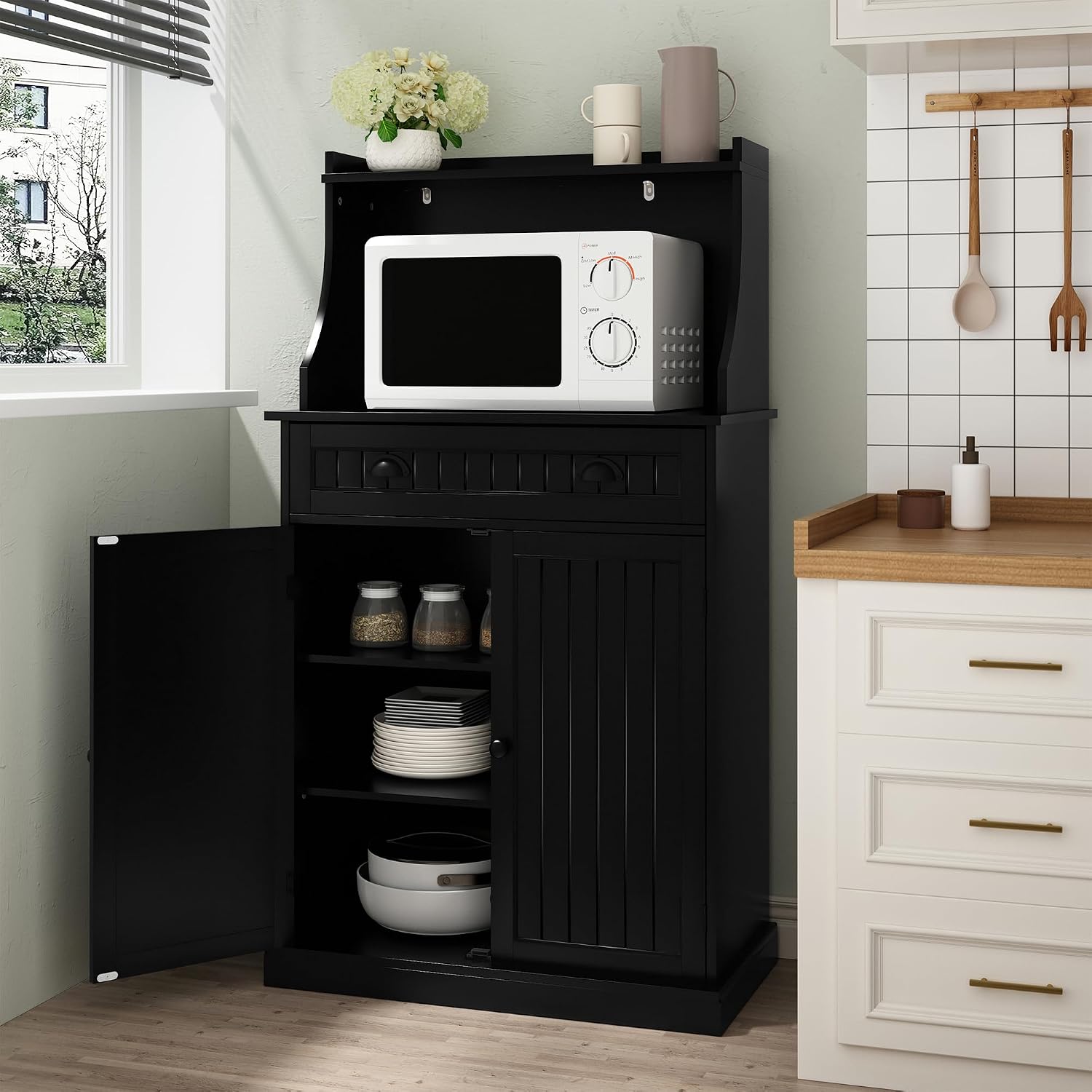 ARTPOWER 54' Kitchen Microwave Cabinet/Stand with Storage and Drawers, Pantry Storage Cabinet with Hutch & Adjustable Shelves for Kitchen, Dining Room, Living Room, Hallway in Black