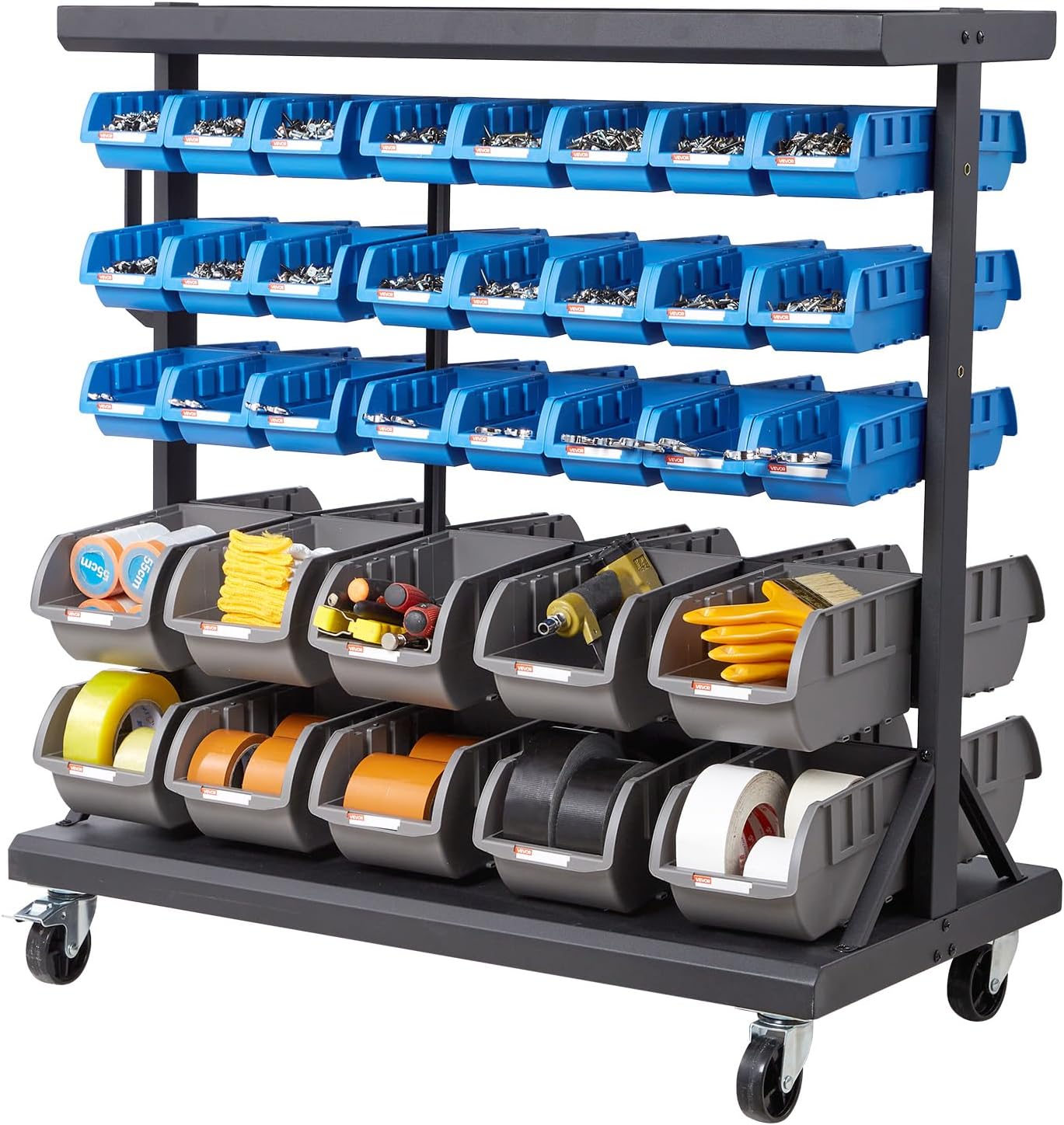 VEVOR 5-Tier Double-Sided Rolling Bin Storage Rack, 68 Plastic Bins, Dual-Sided Parts Organizer with Wheels, Mobile Tool Organizer for Garage, Warehouse, Office, Restaurant, Classroom, Kitchen