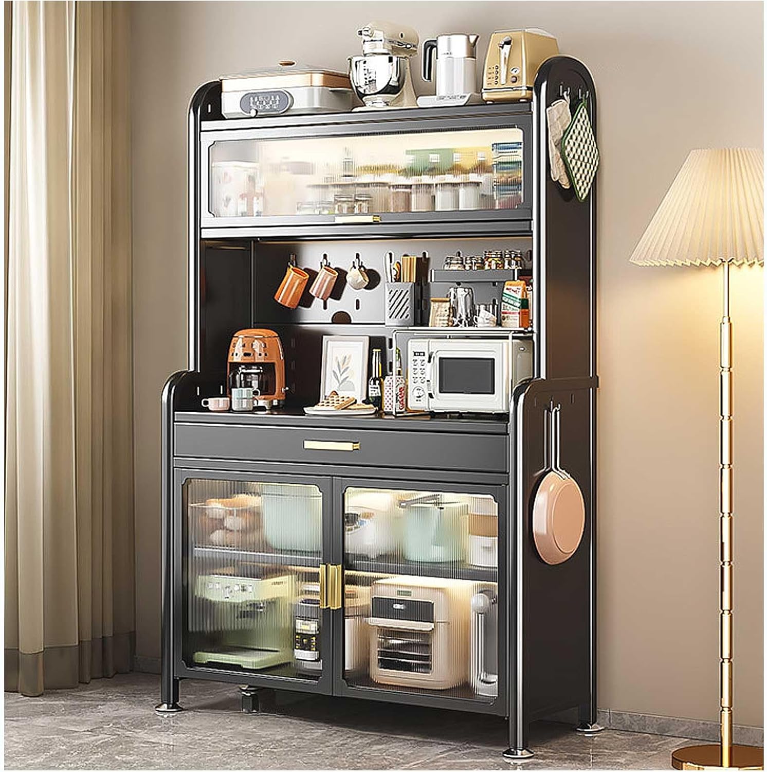 Modern Kitchen Bakers Rack with Drawer and Adjustable Shelf 5 Tier Storage Solution in Sleek Black Finish 179×80cm Multi Functional Microwave Stand Buffet Coffee Bar Cabinet for Kitchen Pant