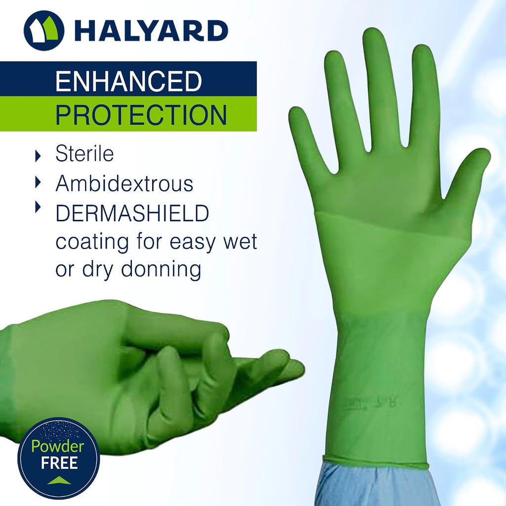 HALYARD Ortho Surgical Glove, Polyisoprene, 12.8 Mil Thick, Individually Wrapped Pairs, Powder-Free, Sterile, 8.5 Large, Green, SGL98085 (Box of 50 Pairs - 100 Total)