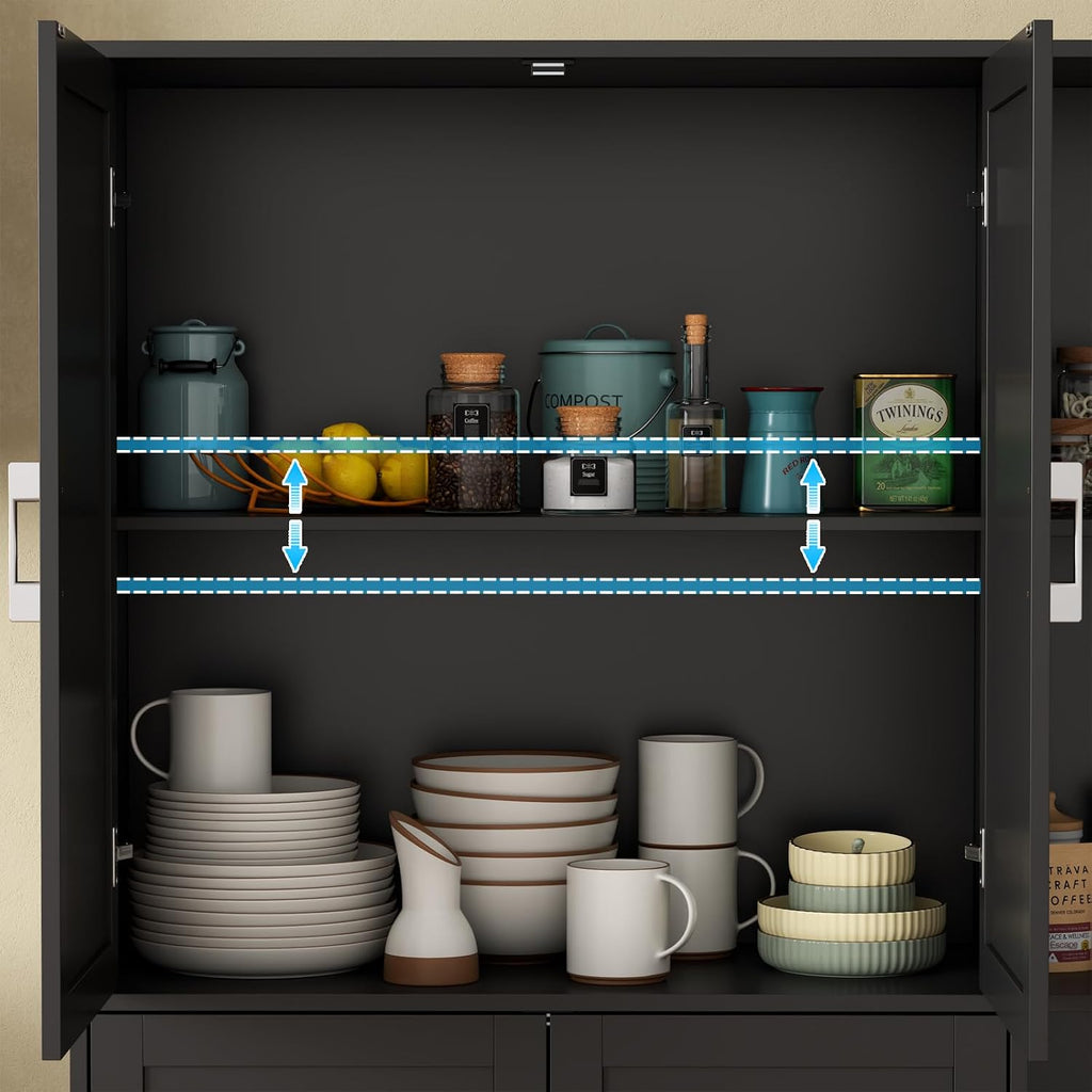 Loomie Kitchen Pantry Storage Cabinet, 64' Tall Freestanding Cupboard with Doors & Adjustable Shelves, Food Pantry Cabinet with 5-Tier External Shelf for Dining Room (Black)
