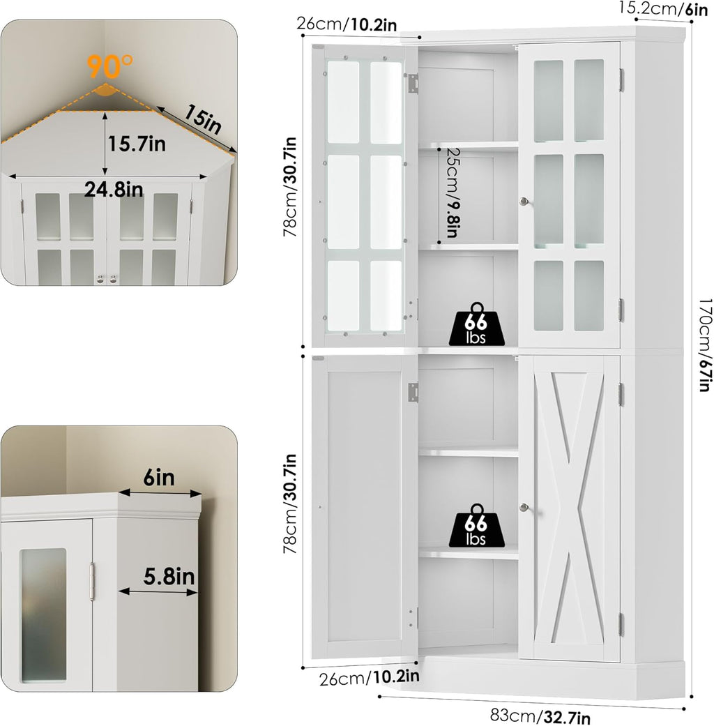 BOTLOG 67' Corner Cabinet, Corner Kitchen Pantry with Doors, Farmhouse Kitchen Cabinet with 6 Storage Shelves, Space Saver for Bathroom, Living Dining Room, White