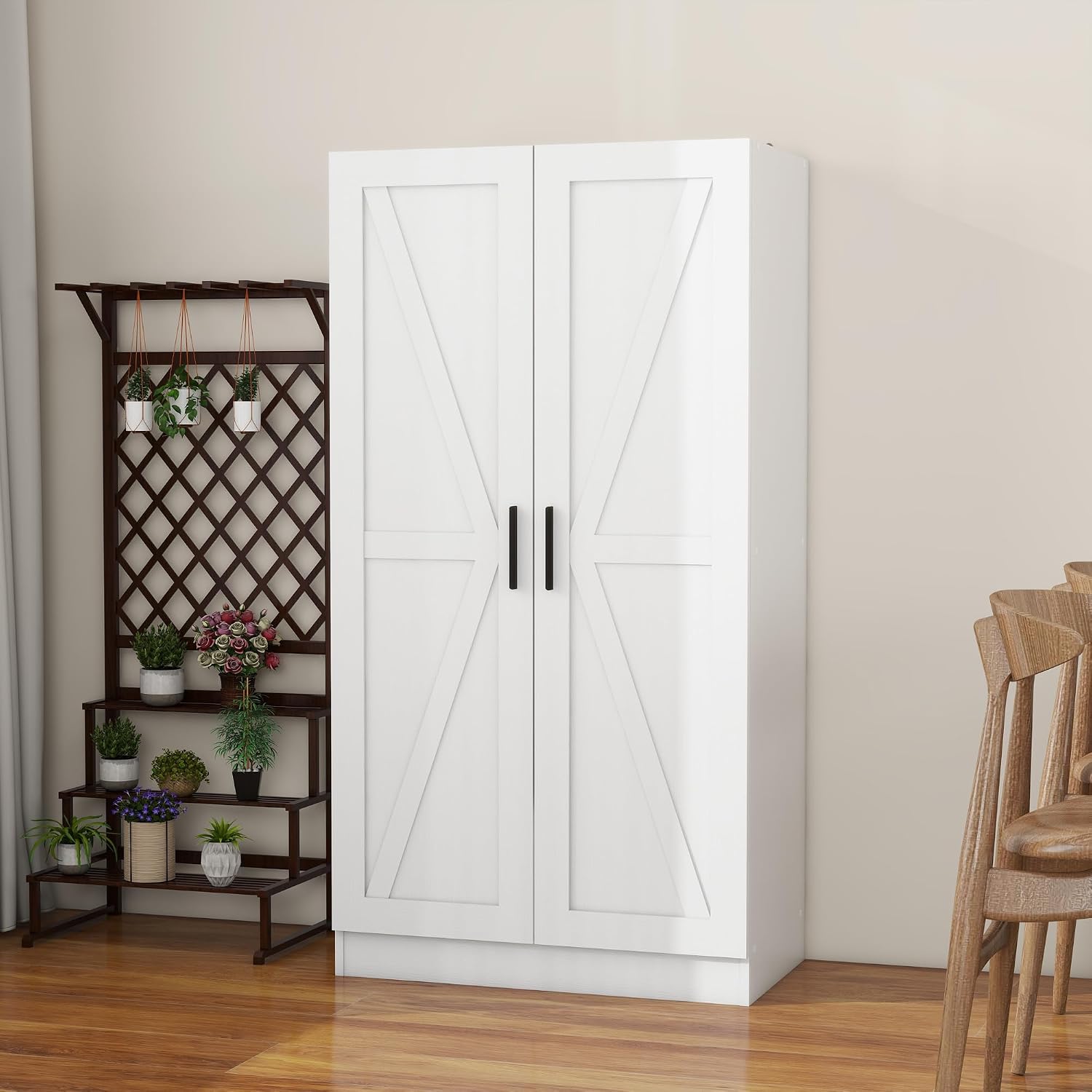 Wooden Storage Cabinet, Collection Food Pantry Narrow Cabinet Free Standing with 2 Doors and 3 Shelves Tool Cabinet, for Kitchens, Living Room, Utility Rooms (White)