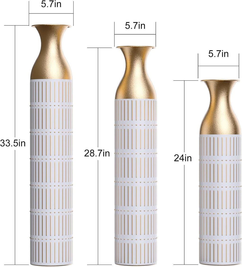 Floor Vases Decorative Tall - 24/28.7/33.5in Glazed Metal Extra Large Decorative Vase Set of 3, White Tall Floor Vase for Home Decor, Living Room Entryway Decor Dining Bedroom Home Corner Office