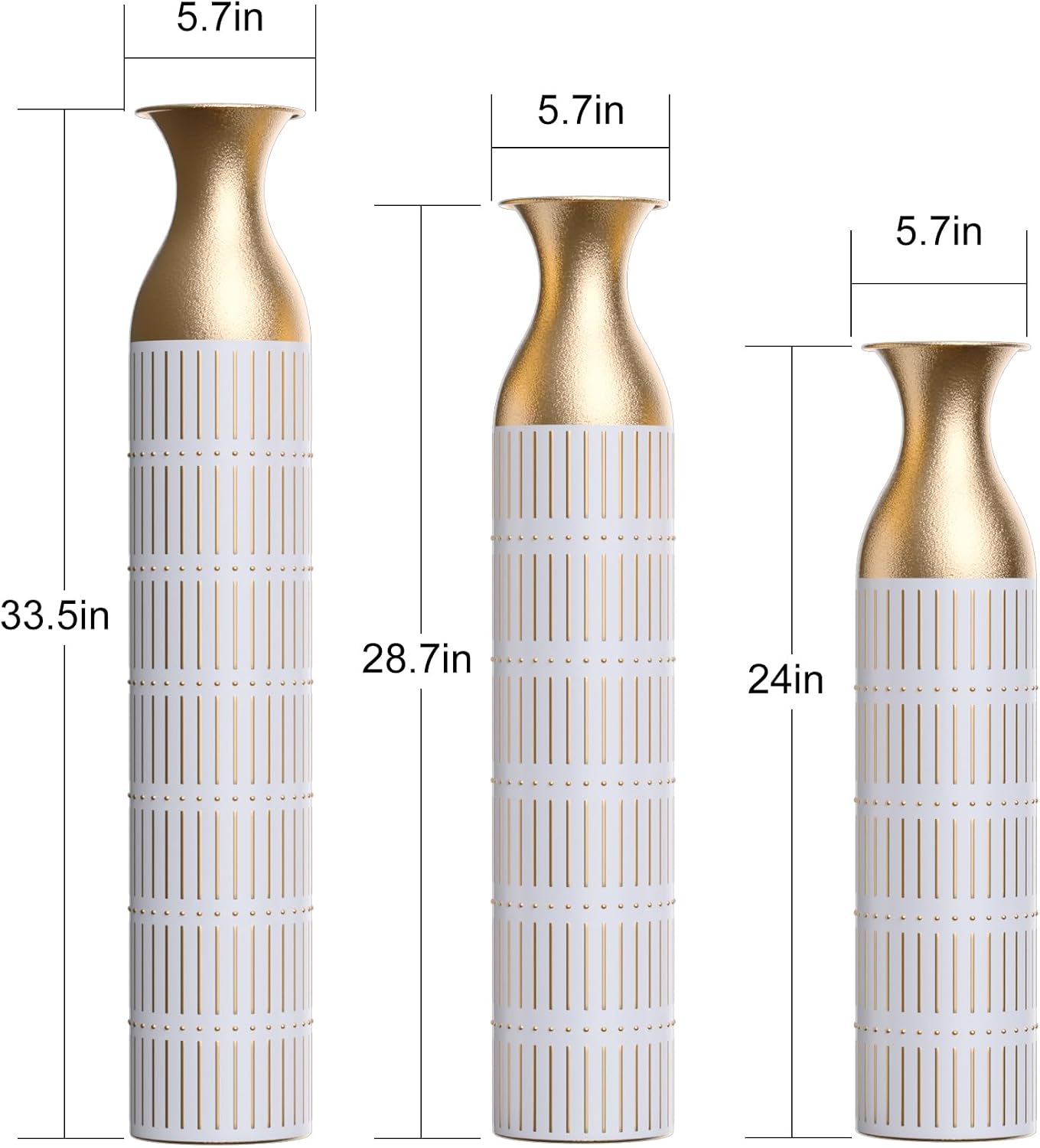 Floor Vases Decorative Tall - 24/28.7/33.5in Glazed Metal Extra Large Decorative Vase Set of 3, White Tall Floor Vase for Home Decor, Living Room Entryway Decor Dining Bedroom Home Corner Office