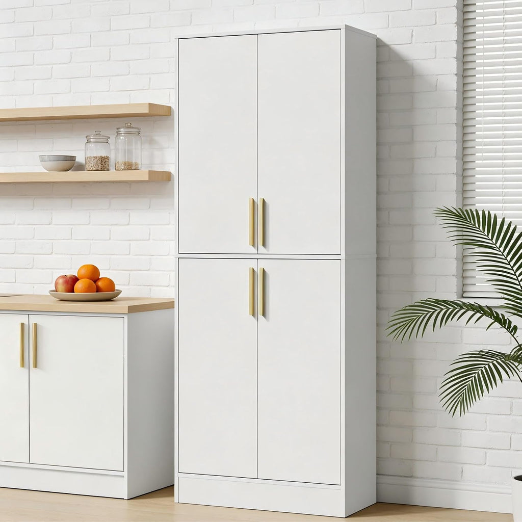 Housoul 71' Tall Pantry Cabinet with 4 Doors, Kitchen Pantry Storage Cabinet, Freestanding Larder Cupboard, Kitchen Hutch with Gold Handles for Dining Room, Bathroom, White