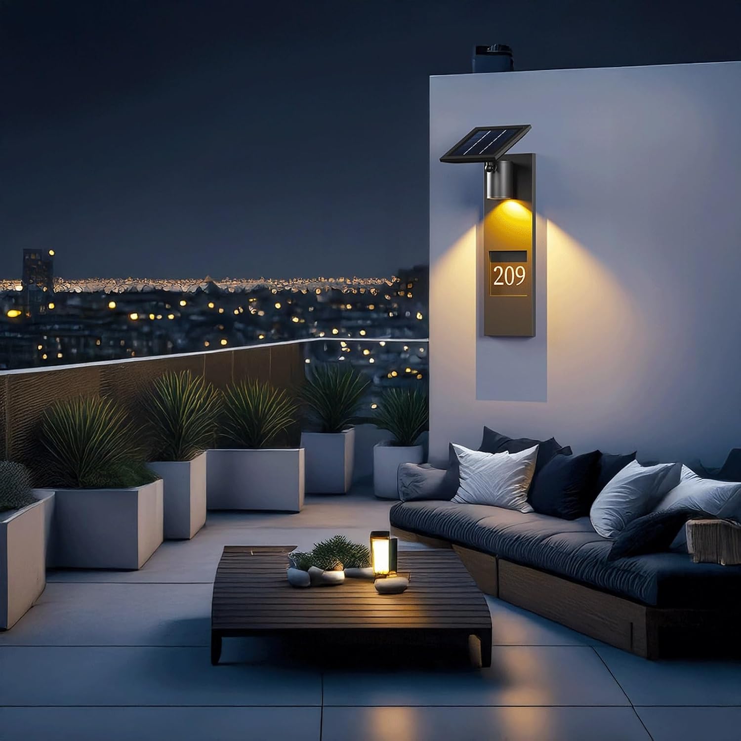Modern Outdoor LED Solar Wall Light, Black Stainless Steel Address House Number Sconce Lamp, IP65 Waterproof Exterior Mounted Fixture Dusk to Dawn for Villa, Garden, Patio, Porch, Entry