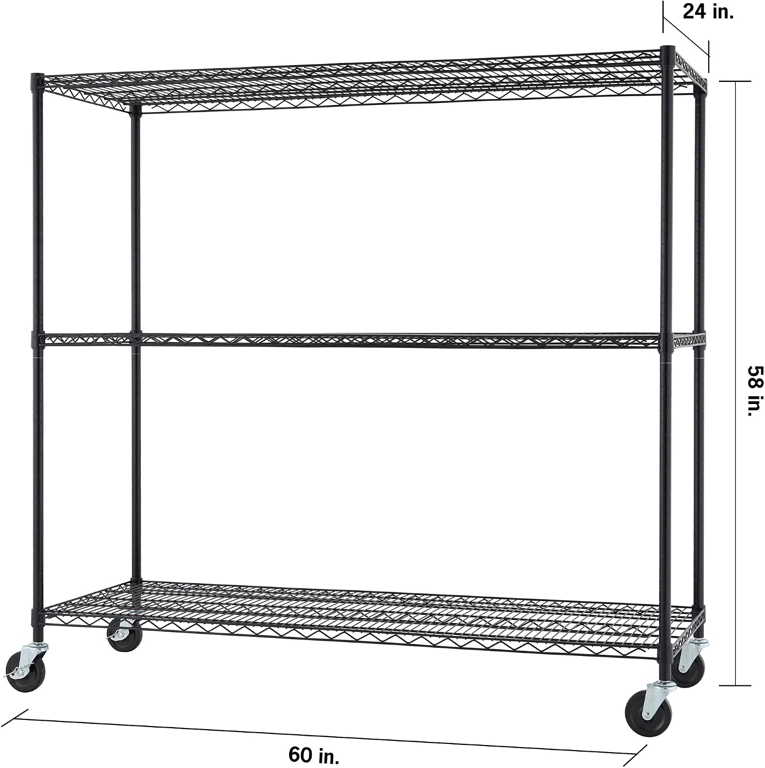 Trinity Basics 3-Tier Adjustable Wire Shelving with Wheels for Kitchen Organization, Garage Storage, Laundry Room, NSF Certified, 600 to 1350 Pound Capacity, 60' by 24' by 54', Black
