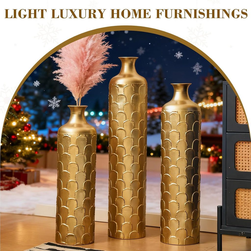 Gold Standing Vase for Floor 3 Piece Floor Vase Sets Living Room Decor Tall Large Metal Vases with Growing Vine Patterns 25.2'/29.33'/34.25' Height