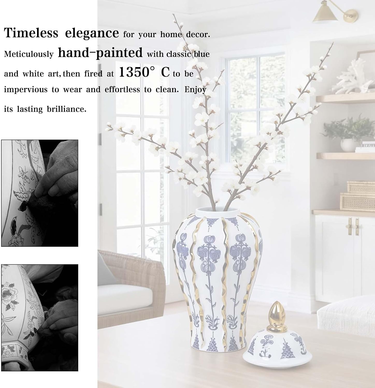 Blue and White Ginger Jar with lid, 18 Inch Large Ceramic Vase for pampas grass, Luxury Home Decor White Gold Tall Flower Vase for Living Room Kitchen Centerpiece, Hotel Wedding Decor
