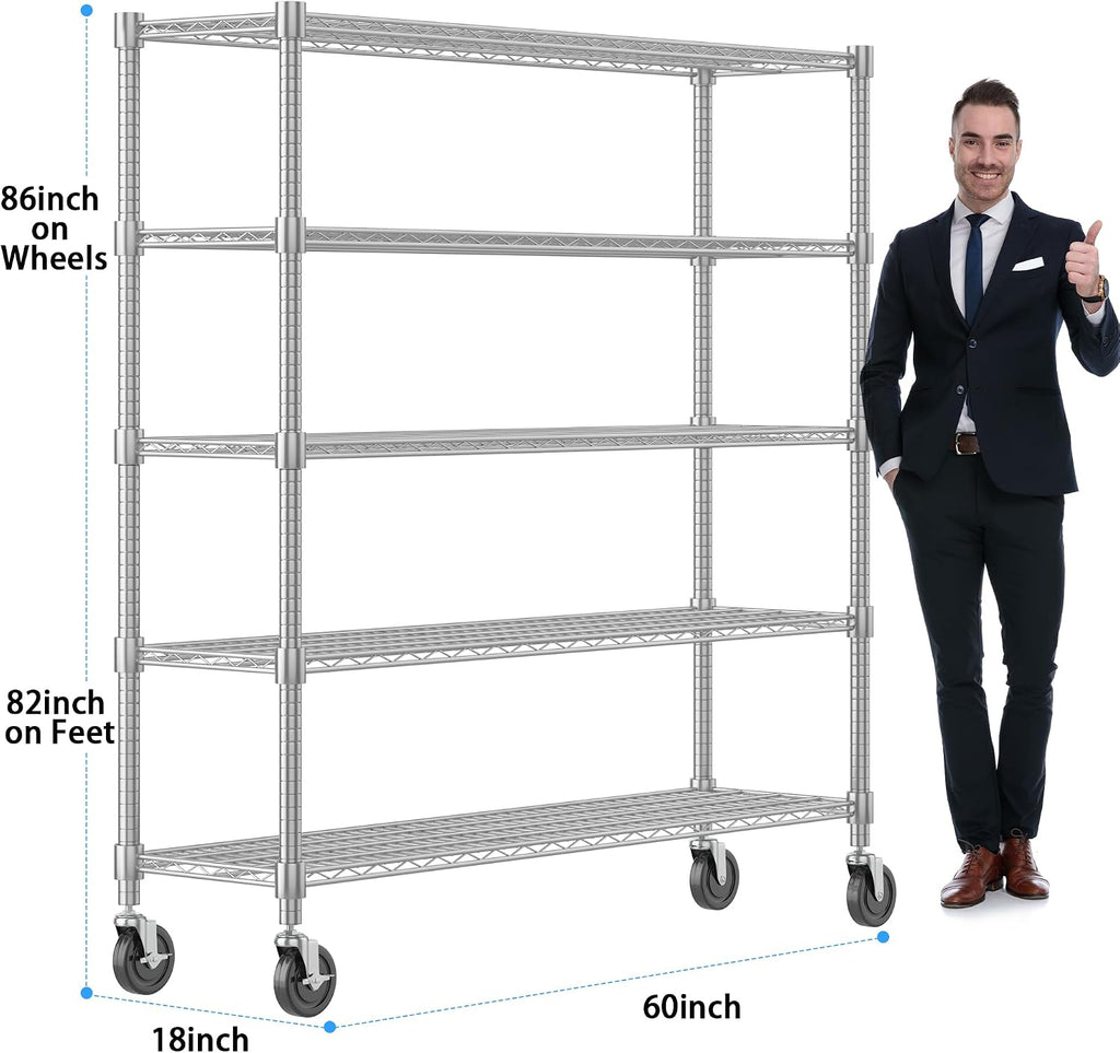 Homdox 5 Tier Heavy Duty Metal Wire Shelving with Wheels, 3000 lbs Capacity Garage Storage Rack, Rolling Industrial Storage, Adjustable Commercial Shelves for Kitchen, Warehouse, 18'x60'x82', Chrome