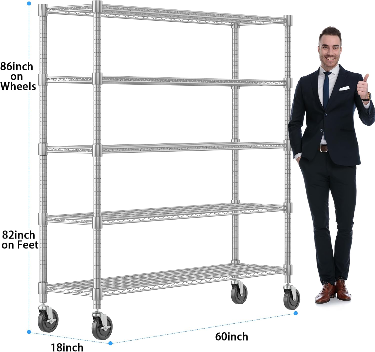 Homdox 5 Tier Heavy Duty Metal Wire Shelving with Wheels, 3000 lbs Capacity Garage Storage Rack, Rolling Industrial Storage, Adjustable Commercial Shelves for Kitchen, Warehouse, 18'x60'x82', Chrome