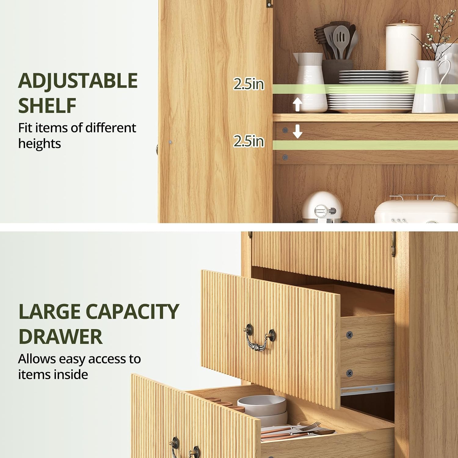 FURSUN 71' Tall Fluted Arched Cabinet Set of 2, Wood Pantry Storage Cabinet with 2 Large Drawers, Modern Versatile Bookcase for Living Room, Kitchen, Dining, Natural Oak