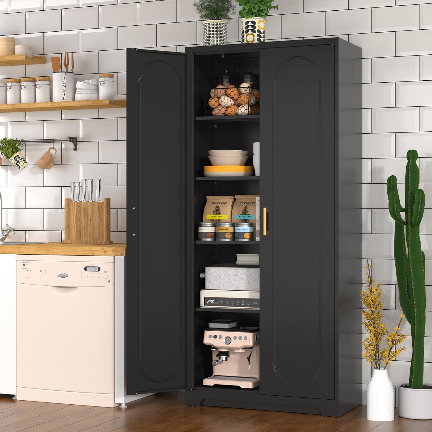 Polup 71' Tall Kitchen Pantry Cabinet, Pantry Storage Cabinet with Doors and Shelves, Metal Food Pantry Cabinets with Handles, Black Freestanding Cupboard for Living&Dining Room-Assemble Required