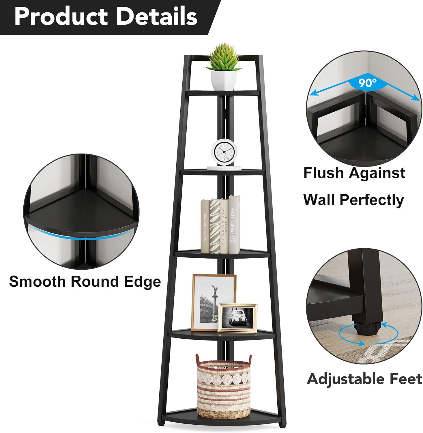 Tribesigns 5 Tier Corner Bookshelf and Bookcase, 70 inch Tall Corner Shelves Standing Shelving Unit Indoor Plant Stand for Living Room, Kitchen, Home Office (Black)