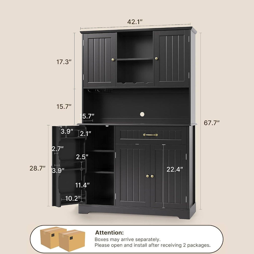 Gizoon Kitchen Pantry Cabinet with Countertop Kitchen Hutch Storage Cabinet 67.7' Tall Pantry Coffee Bar with Storage for Dining Room and Craft Room, Painted Black
