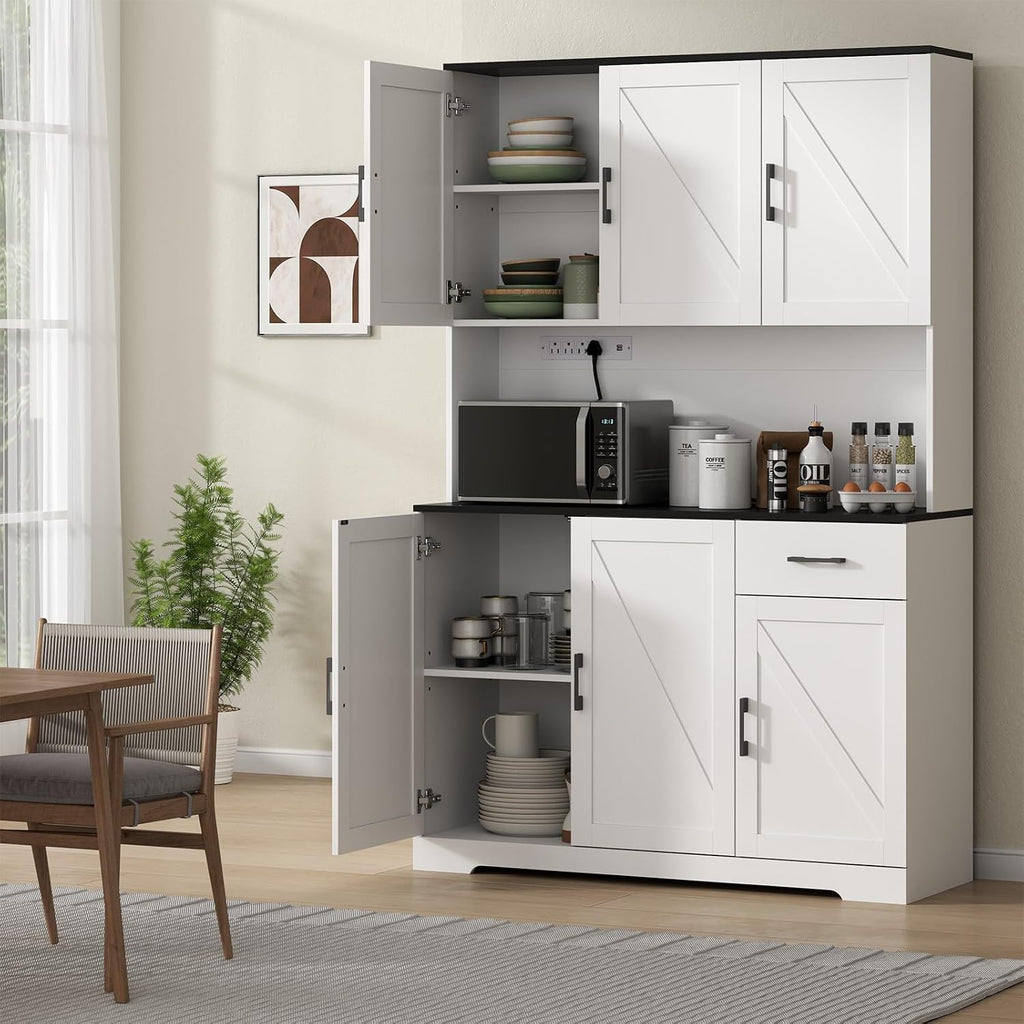 Gyfimoie 71'' Farmhouse Kitchen Pantry Cabinet, Tall Storage Cabinet with Power Outlet, Freestanding Hutch with Drawer, 4 Adjustable Shelf & 6 Doors for Kitchen Living Room (White)