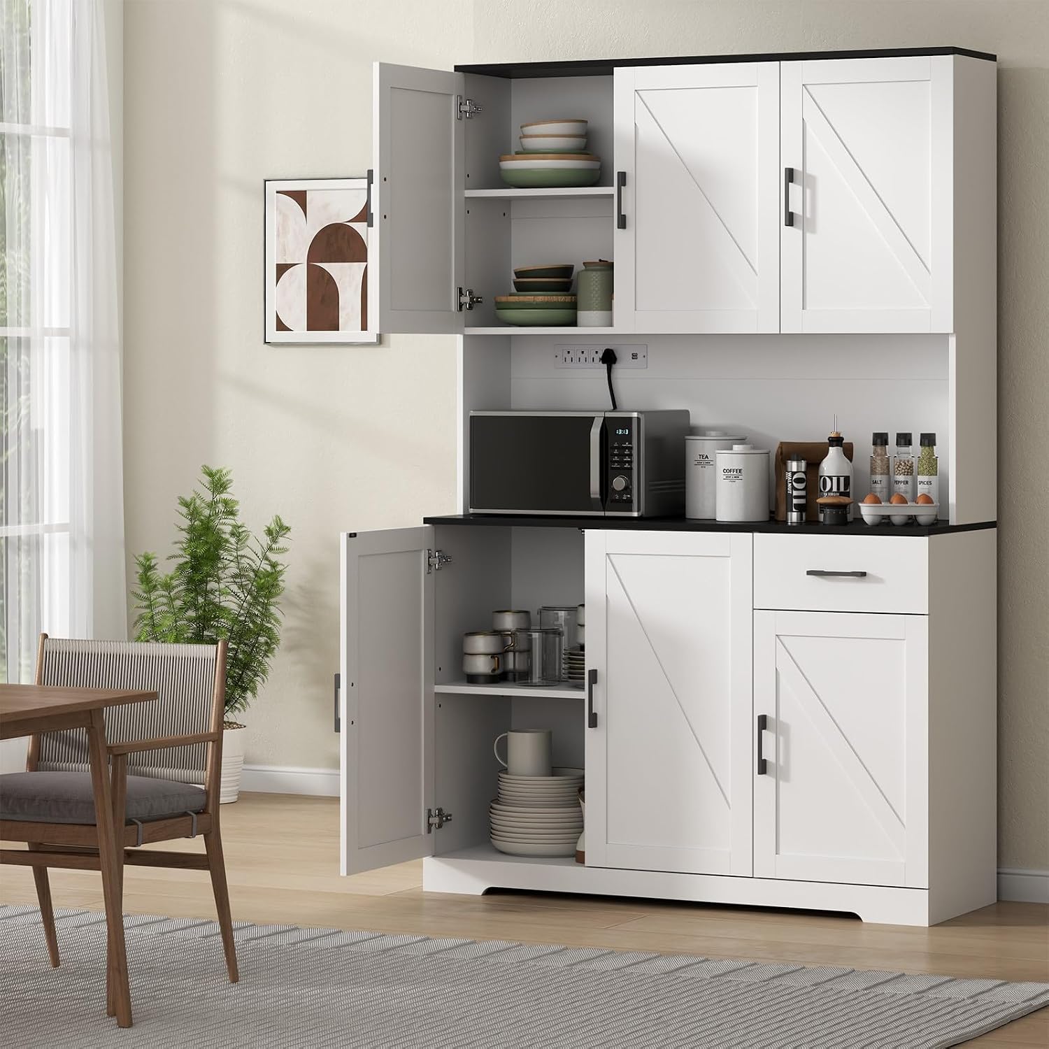 Gyfimoie 71'' Farmhouse Kitchen Pantry Cabinet, Tall Storage Cabinet with Power Outlet, Freestanding Hutch with Drawer, 4 Adjustable Shelf & 6 Doors for Kitchen Living Room (White)
