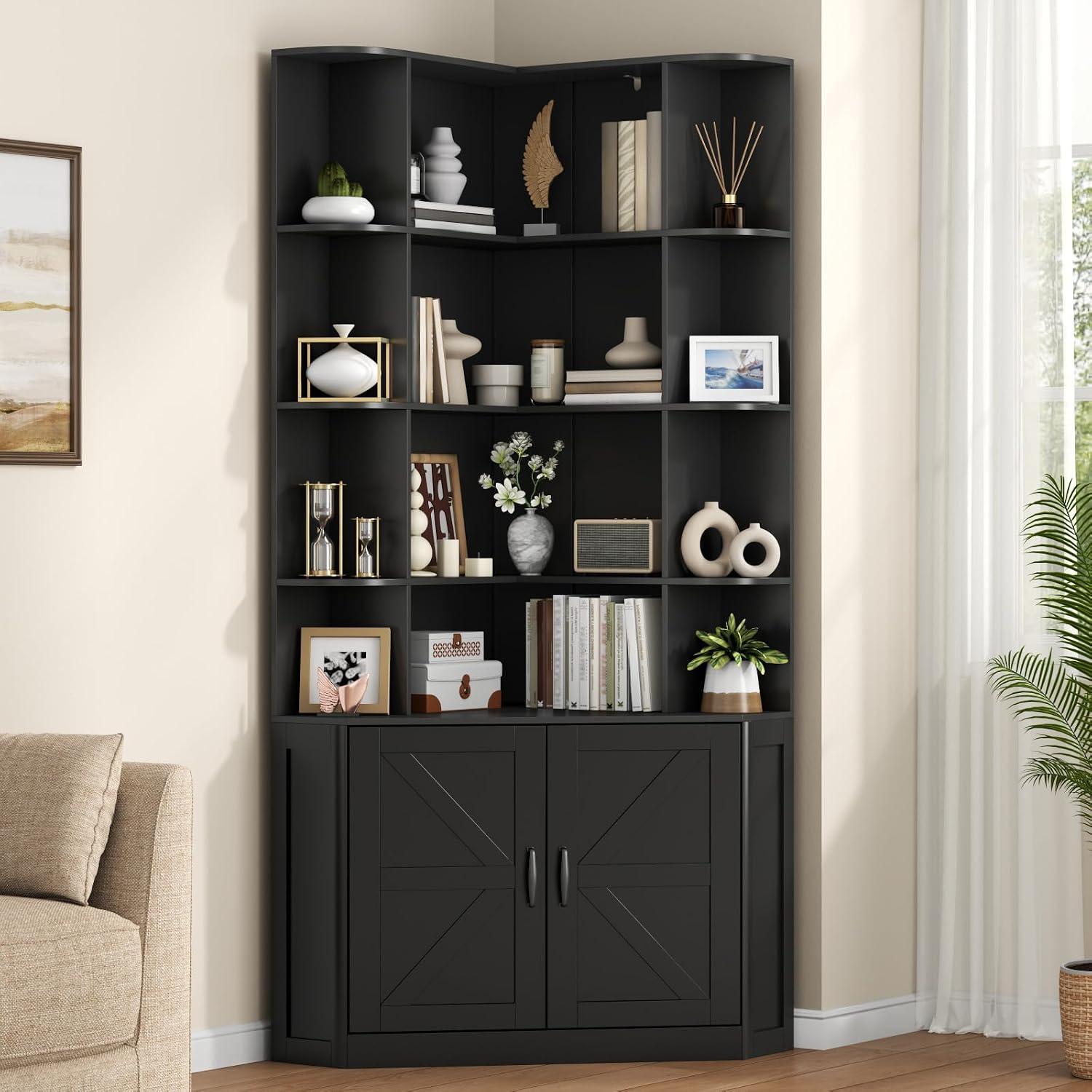 Corner Bookshelf with Doors, 6 Tier Corner Bookcase with Storage Cabinet, Black L-Shaped Book Shelf with 8 Open Racks , Farmhouse Etagere Bookshelf with Full Baffle for Living Room Home Office