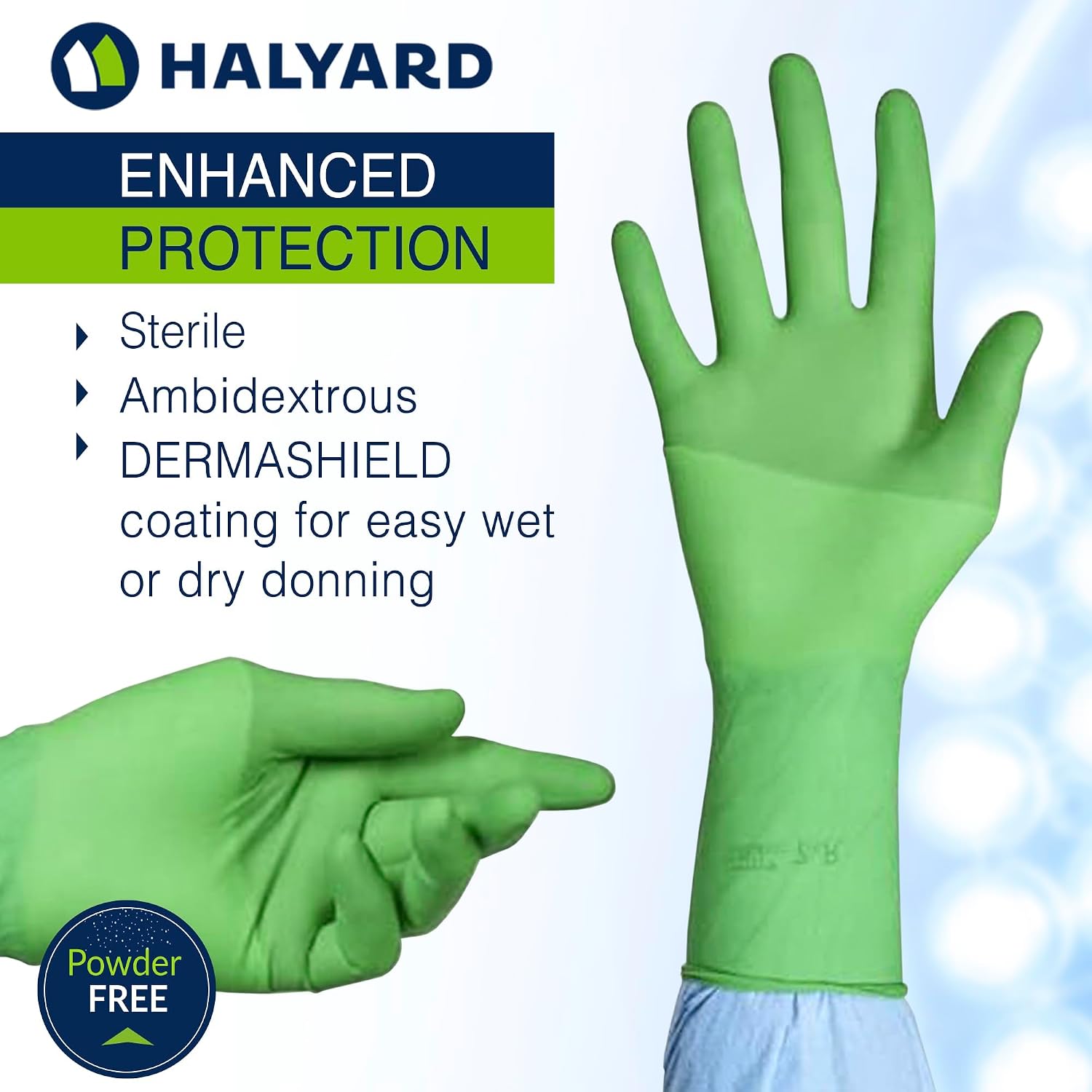 HALYARD Micro Surgical Gloves Sterile Polyisoprene Individually Wrapped Pairs Powder Free Medical Disposable Gloves, 7.9 mil, Size 8.5 Large, Green, SGL90085 (Box of 50 Pairs - 100 Total)