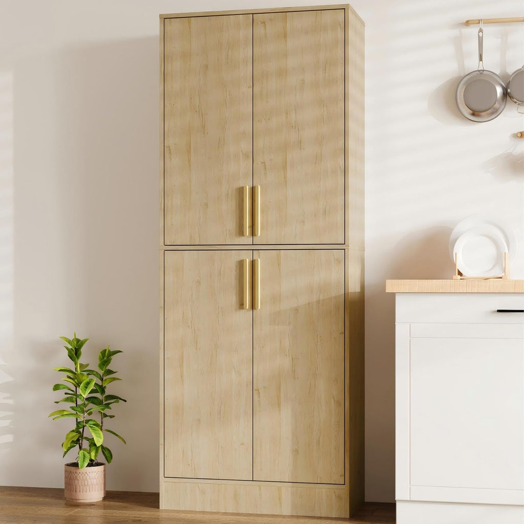 Housoul 71' Tall Pantry Cabinet with 4 Doors, Kitchen Pantry Storage Cabinet, Freestanding Larder Cupboard, Utility Kitchen Hutch with Gold Handles for Dining Room, Bathroom, Natural