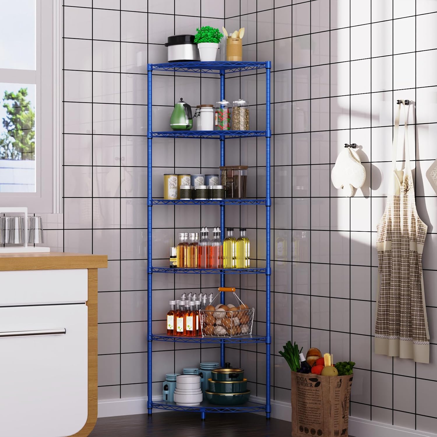 6 Tier NSF Corner Wire Shelf Shelving Unit, 18 x 18 x 72 Inch 420lbs Capacity Heavy Duty Adjustable Metal Storage Rack with Leveling Feet & Shelf Liners for Office Kitchen Bathroom and More - Blue