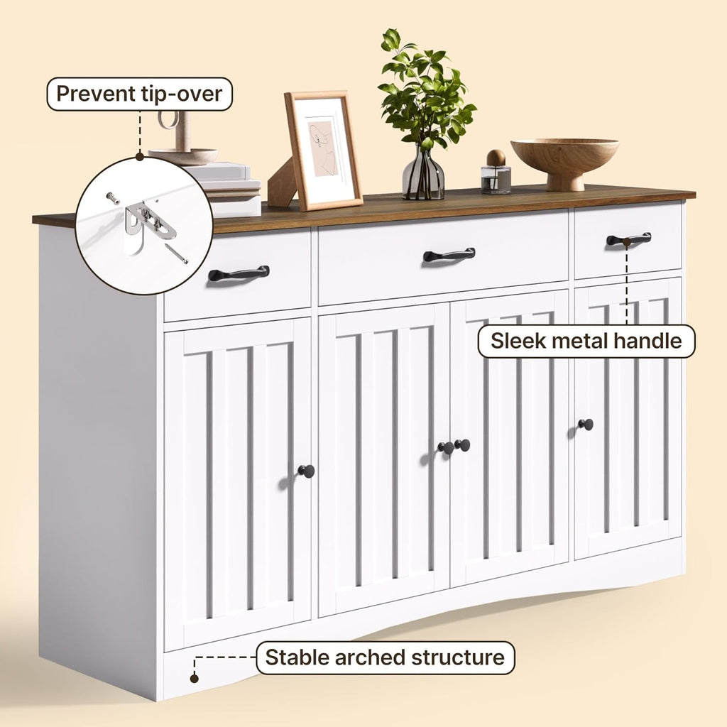Gizoon Sideboard Buffet Cabinet with Storage, Modern Kitchen Sideboard and Coffee Bar with Drawers and Doors, Wood Buffet Table for Dining Room, 15.2' D x 55.1' W x 31.9' H, White/Rustic Brown