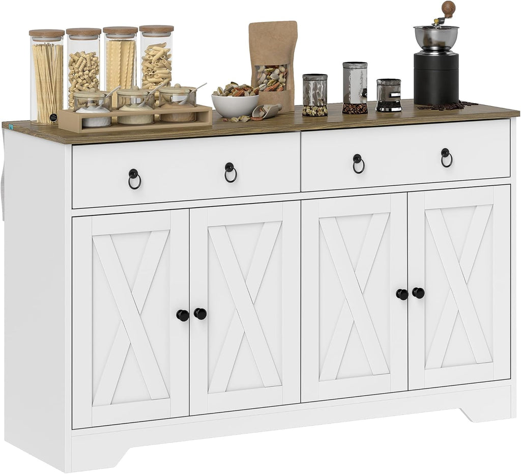 HOMCOM 48' Sideboard Buffet with Storage, Kitchen Storage Cabinet with 2 Drawers and 4 Barn Doors, Farmhouse Coffee Bar Cabinet with Adjustable Shelves, White