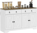 HOMCOM 48' Sideboard Buffet with Storage, Kitchen Storage Cabinet with 2 Drawers and 4 Barn Doors, Farmhouse Coffee Bar Cabinet with Adjustable Shelves, White