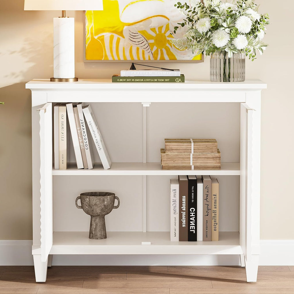40' Coffee Bar Cabinet with Shelf, Craft Storage Cabinet with Doors, Wood Cabinet, Charming Carved Motif, Entry Way Cabinet with Storage, Sideboard Buffet for Living Room (Annual rings, White)