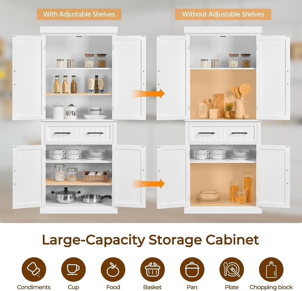 Yaheetech Kitchen Pantry Storage Cabinet with 4 Doors and 2 Adjustable Shelves, 72.5' Freestanding Tall Cupboard Cabinet with Drawer for Dining/Living Room, White