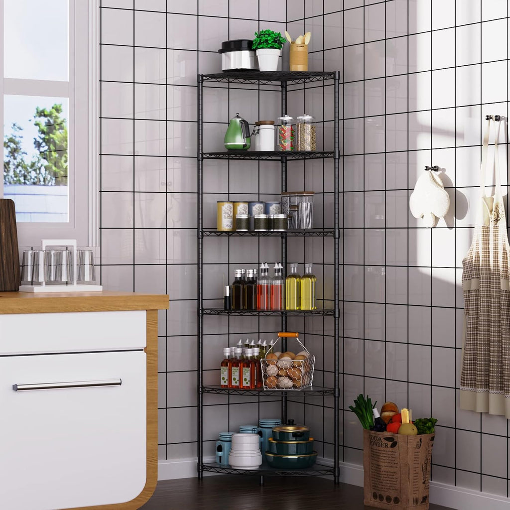 6 Tier NSF Metal Corner Shelf Wire Shelving Unit, 420lbs Capacity Heavy Duty Adjustable Storage Rack with Shelf Liners for Closet Kitchen Bathroom Garage Basement, 72' H x 18' L x 18' D - Black