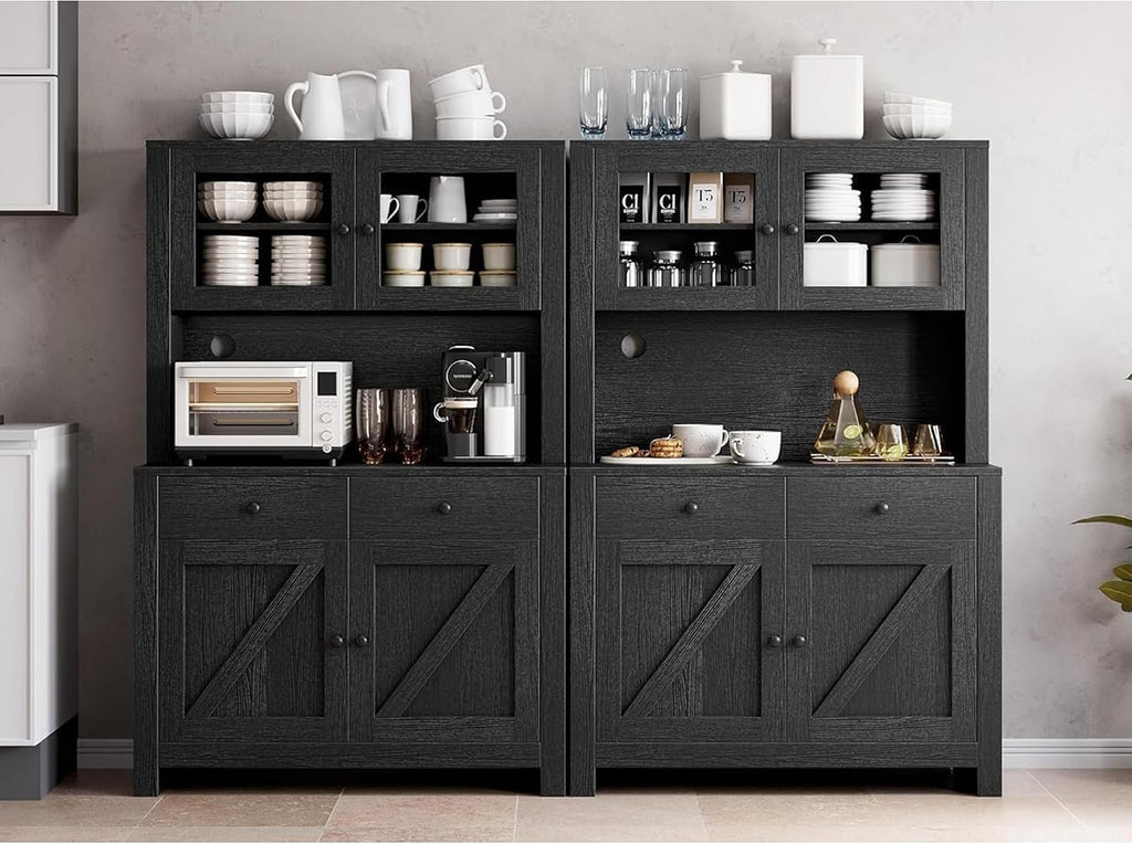 IDEALHOUSE 63' Kitchen Pantry Cabinet with Drawers, Hutch Cabinet with Storage, Microwave Stand, Adjustable Shelves, Freestanding Tall Pantry Storage for Dining Room, Living Room, Black