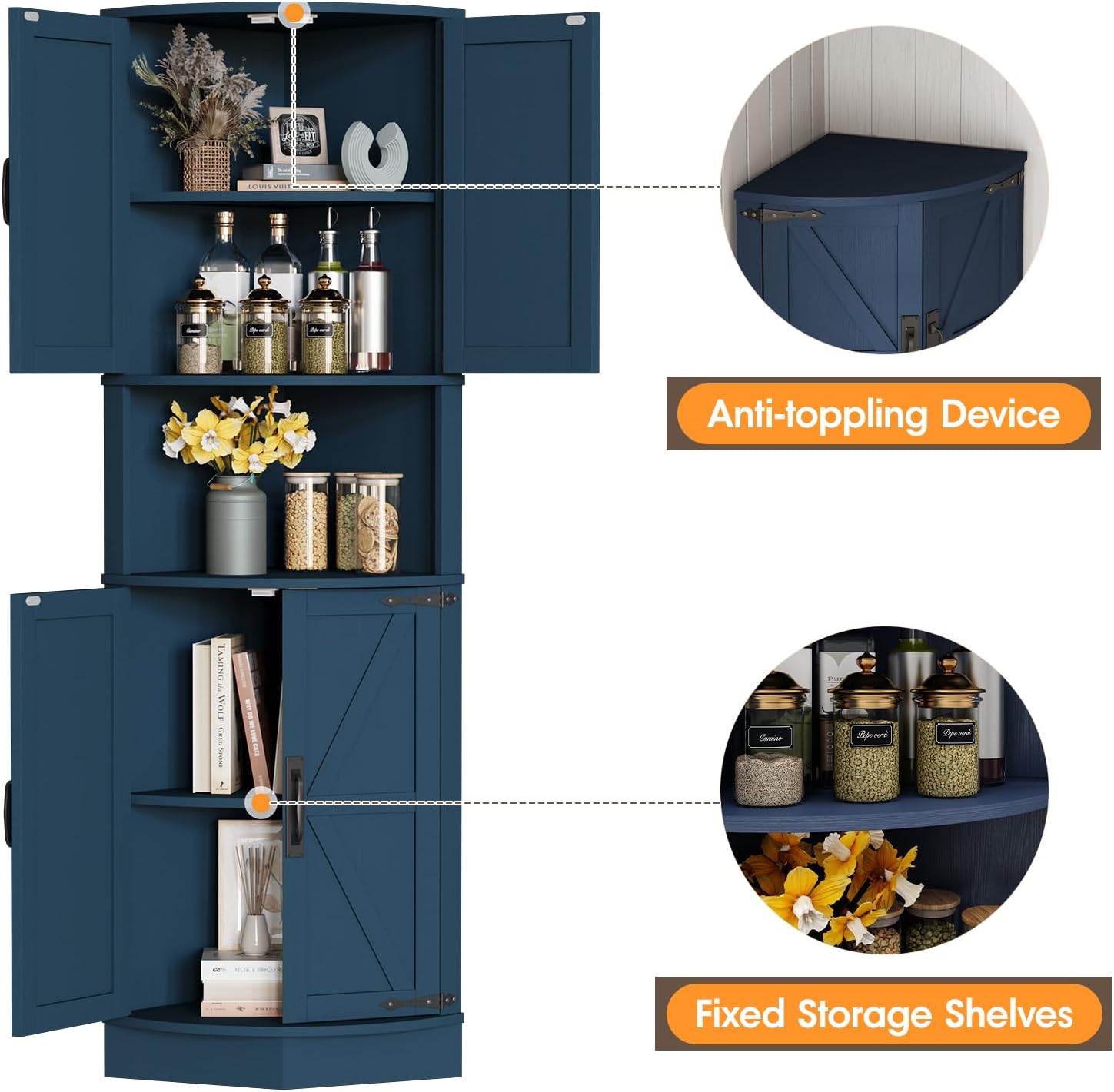 Vabches 64.8' Tall Farmhouse Corner Cabinet with 4 Doors and 5 Storage Shelves, Farmhouse Storage Cabinet with Barn Door Design, Home Space Saver for Living Room, Kitchen, Laundry Room,Blue