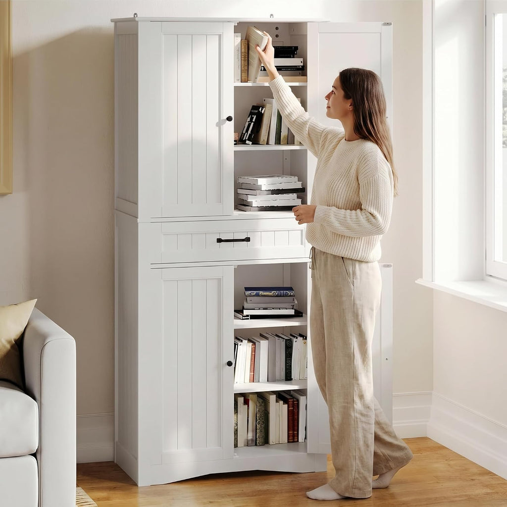 Gizoon 71'' Kitchen Pantry Storage Cabinet, Freestanding Pantry Organizers and Storage Cabinet with 4 Doors and 4 Adjustable Shelves, Tall Cabinet with Large Drawer for Kitchen, Living Room, Bathroom
