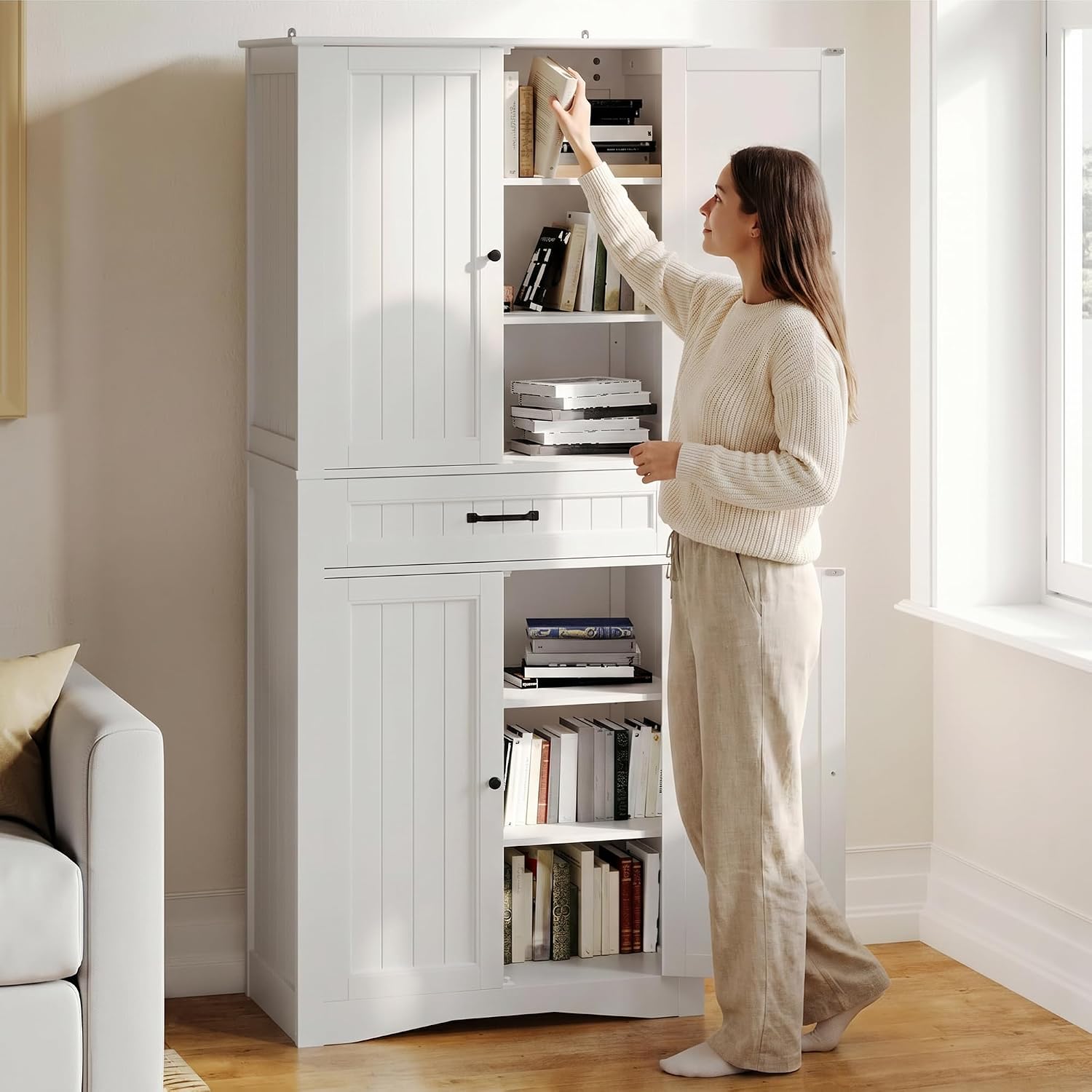 Gizoon 71'' Kitchen Pantry Storage Cabinet, Freestanding Pantry Organizers and Storage Cabinet with 4 Doors and 4 Adjustable Shelves, Tall Cabinet with Large Drawer for Kitchen, Living Room, Bathroom