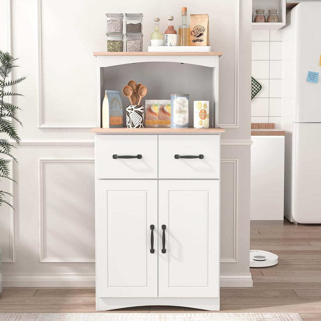 49' Kitchen Pantry Cabinet with Storage, Microwave Stand with 2 Drawers, Buffet Cabinet with Adjustable Shelf, Kitchen Hutch Storage Cabinet with Microwave Countertop for Dinning Room, White