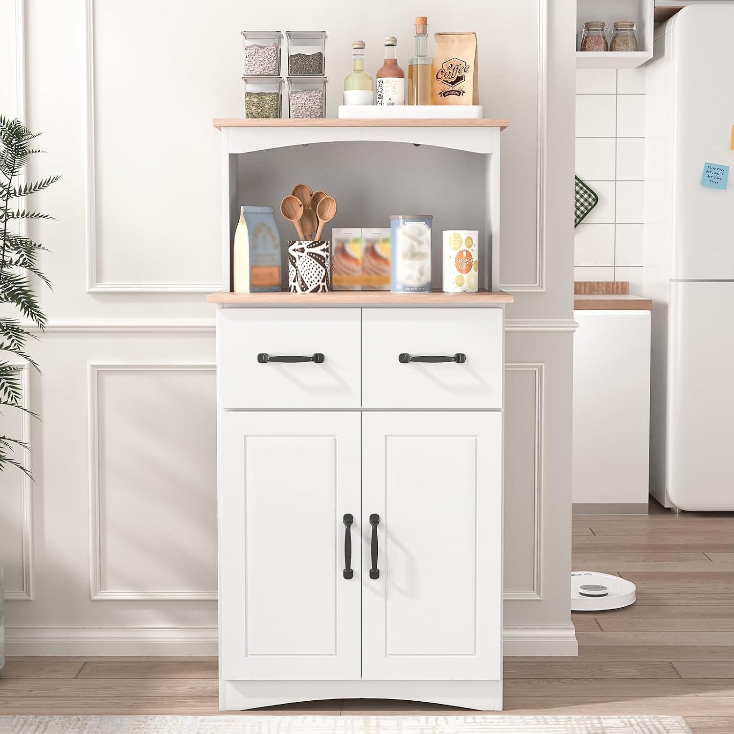 49' Kitchen Pantry Cabinet with Storage, Microwave Stand with 2 Drawers, Buffet Cabinet with Adjustable Shelf, Kitchen Hutch Storage Cabinet with Microwave Countertop for Dinning Room, White