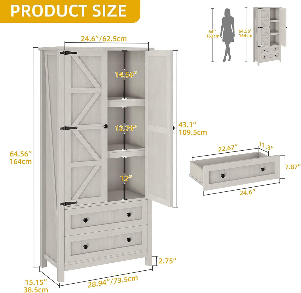 DWVO 64.5' H Kitchen Pantry Cabinet, Storage Cabinet with Barn Doors, 2 Drawers and Adjustable Shelves, Farmhouse Cupboard for Dining Room, Living Room, Bathroom, Off White