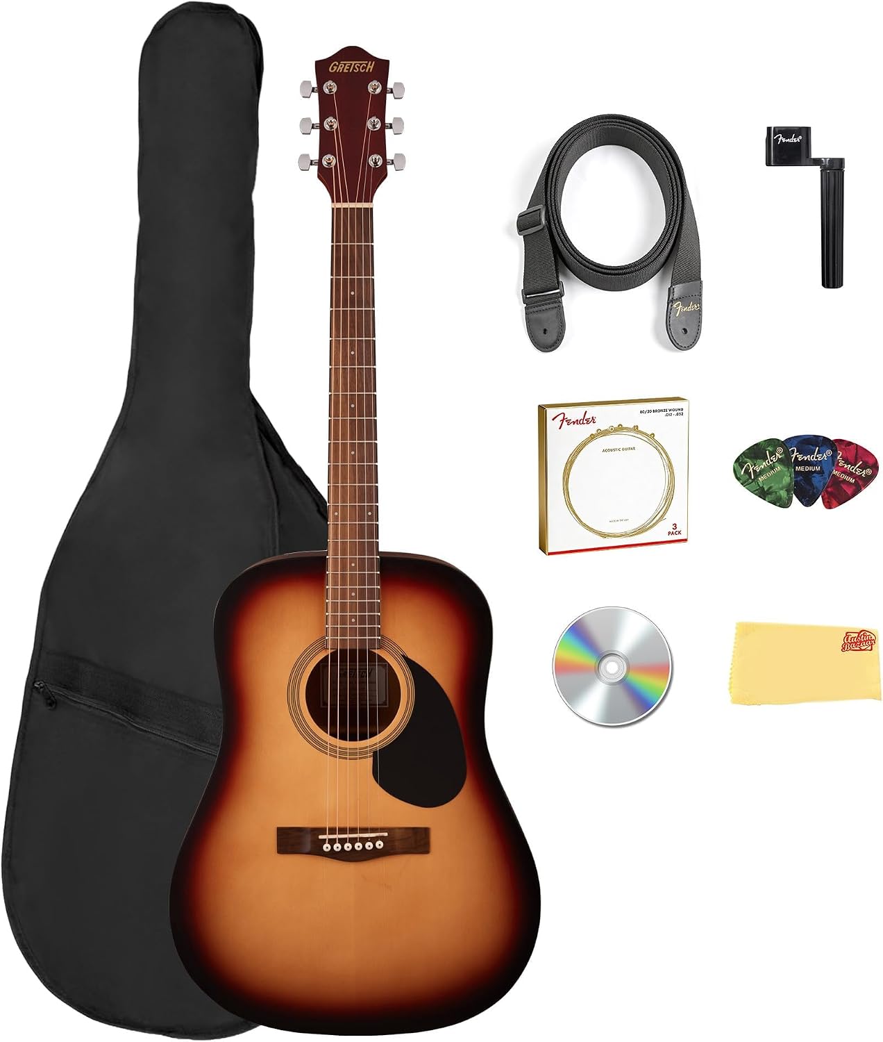 Gretsch Prelude D100 Dreadnought Acoustic Guitar - Sunburst Bundle with Gig Bag, Strap, Strings, String Winder, Picks, Austin Bazaar Instructional DVD, and Polishing Cloth