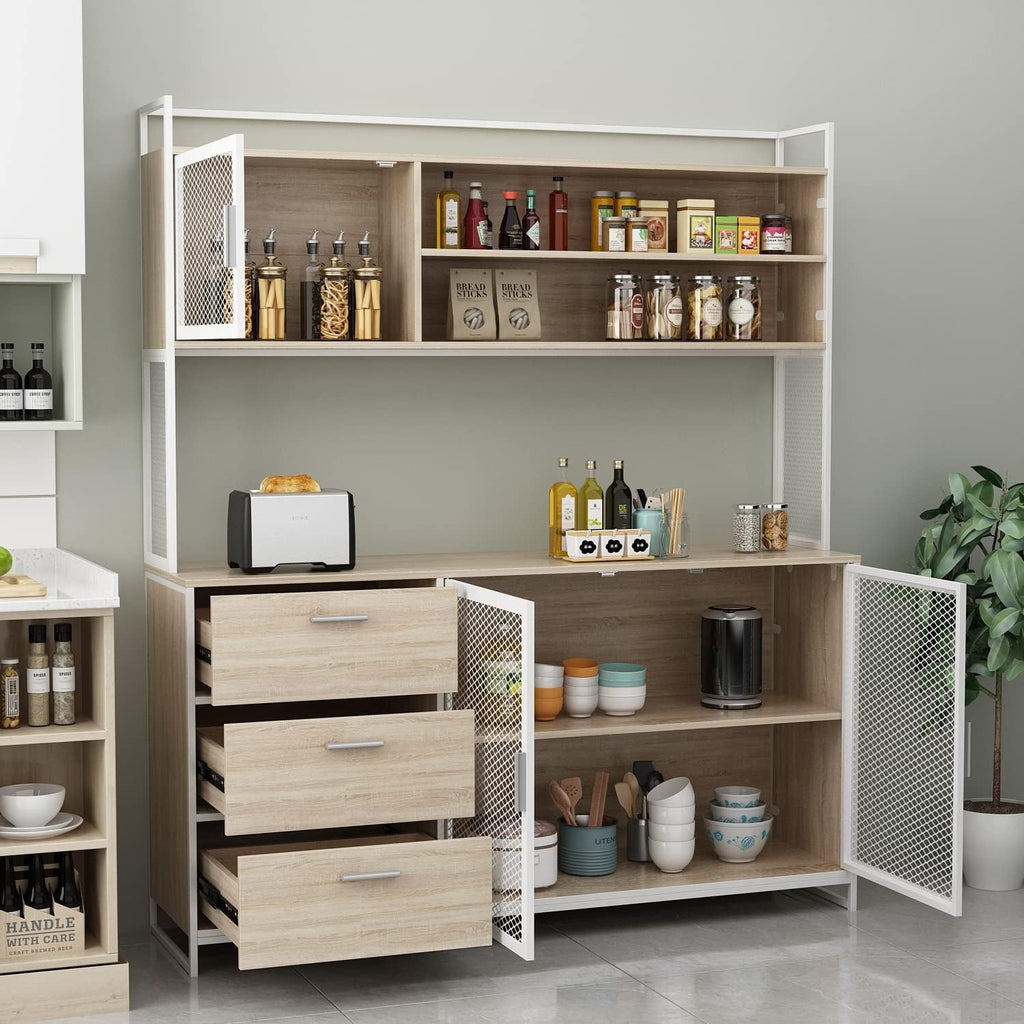 ECACAD Modern Wood Sideboard Buffet Storage Cabinet with Hutch, 3 Metal Mesh Doors, 3 Drawers & 5 Compartments, Kitchen Pantry Cupboard Console Table for Living Room, Dining Room, Light Oak