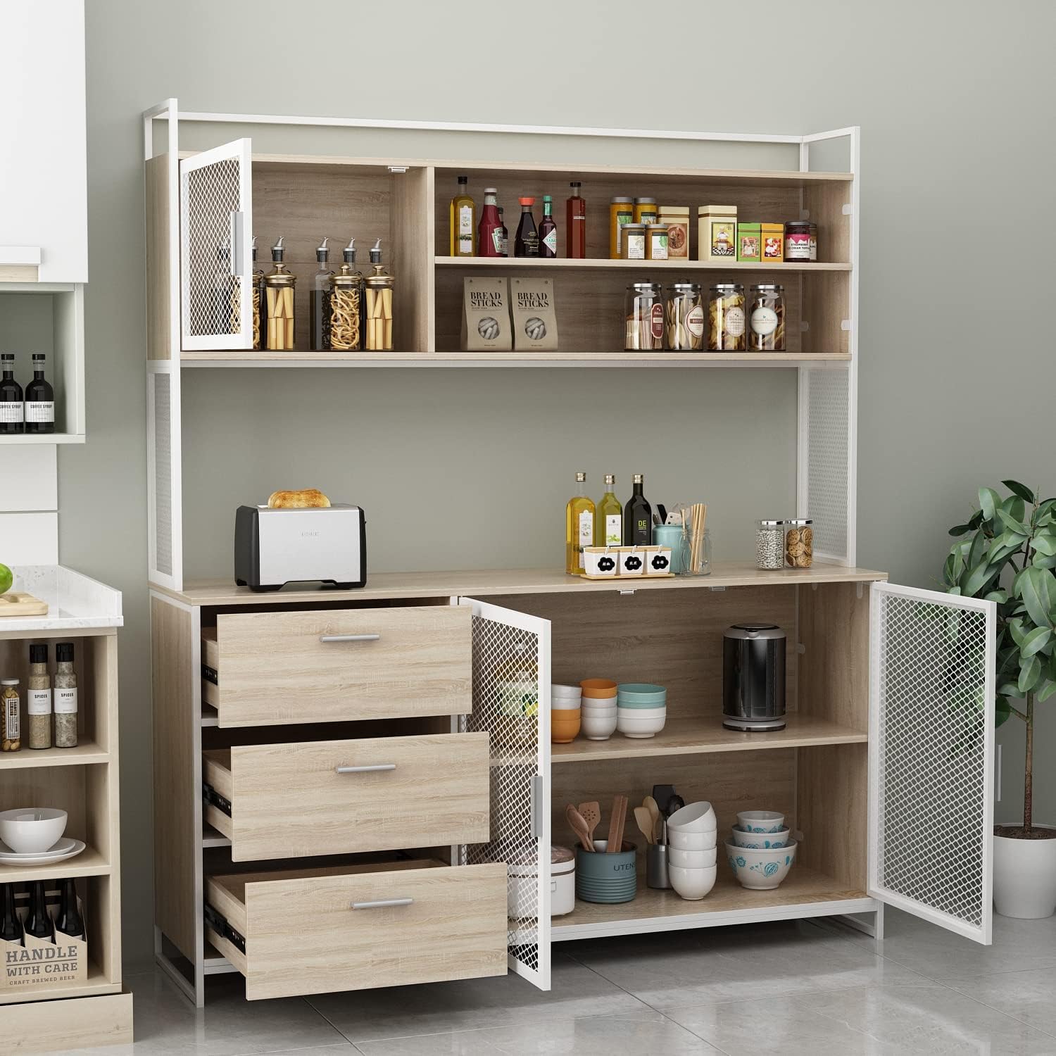 ECACAD Modern Wood Sideboard Buffet Storage Cabinet with Hutch, 3 Metal Mesh Doors, 3 Drawers & 5 Compartments, Kitchen Pantry Cupboard Console Table for Living Room, Dining Room, Light Oak