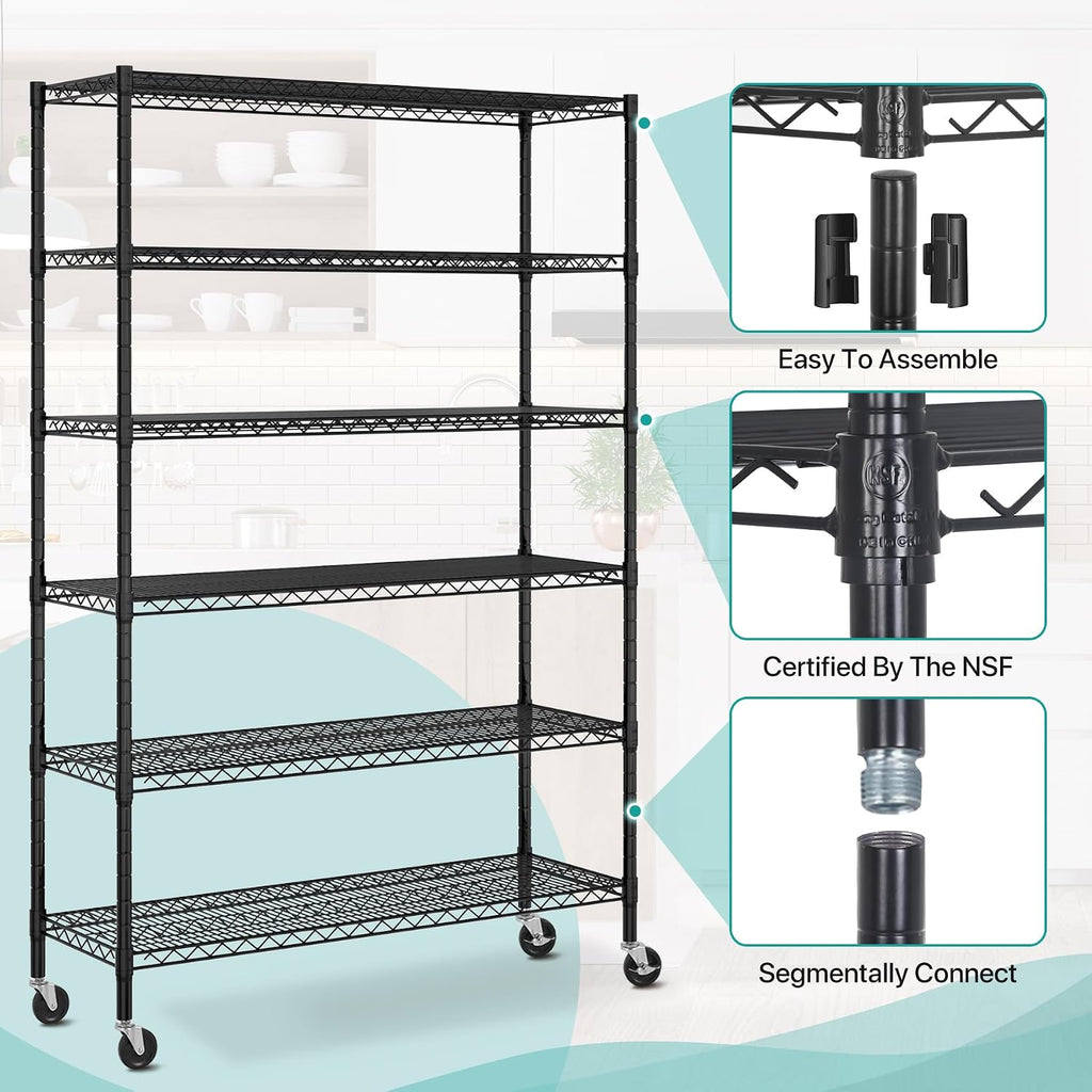 6 Tier Storage Shelves, Heavy Duty Storage Racks and Shelving Adjustable Metal Shelves, Steel Standing Shelf Units, 6000lbs Capacity, Wire Shelf for Warehouse, Garage, Black