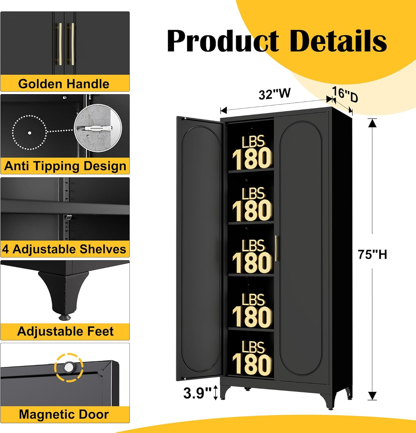 SteeLoong Kitchen Pantry Cabinet,75 Inch Black Metal Storage Cabinet with Door and Adjustable, Tall Pantry Cabinets for Kitchen Storage,Cupboard for Living Room,Dining Room and Bathroom