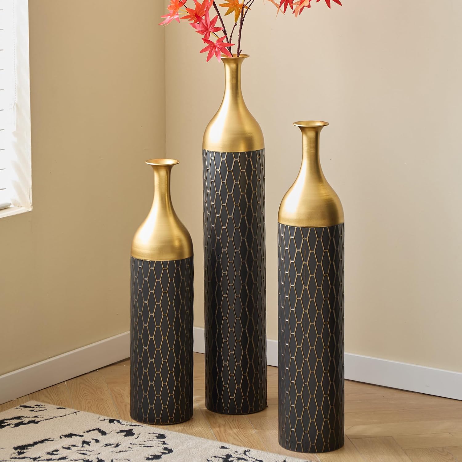 Floor Vases Decorative Tall - 24.8/30.31/34.25 in Metal Cylinder Vases Extra Large Decorative Vase Set of 3 Living Room Modern Big Standing Decor for Dining Bedroom Home Corner Indoor