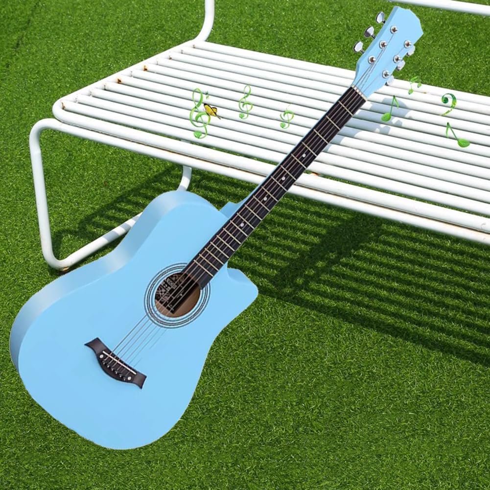 38Inch/40Inch/41Inch Acoustic Guitar Set, Linden Wood Top Mahogany Compact Travel Guitar, Body Balanced Rich Tone for Beginners Adults,Blue,38in