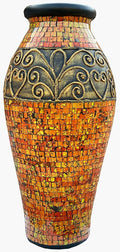 Floor Vase – Tall Cylinder Made of Terracotta with Red, Orange, Yellow, and Black Glass Mosaic Pieces – Exquisite Home Décor Accent Piece (18 x 10 Inches)